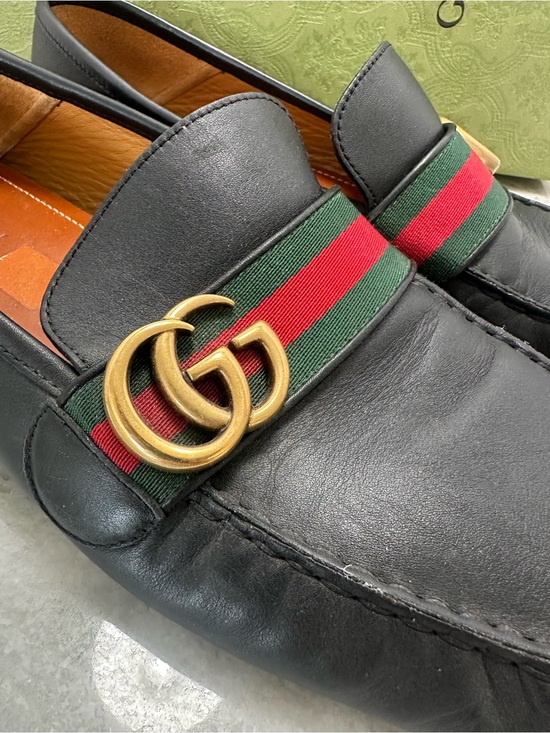 Gucci Black Leather Loafers with Green and Red Web & Gold Double G